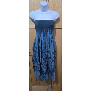 Strapless Blue Floral Embroidered Summer Dress With Smocked Bodice & Ruffled Ski